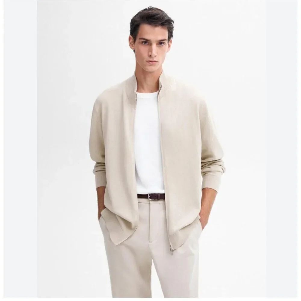 Massimo Dutti Mens Cardigan Sweater XL Beige Cotton Full Zip 0978/350 NWT